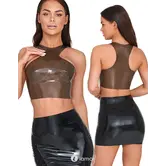 LateX latex crop top smoke semi-transparant met hoge hals, racerback en off-shoulder model