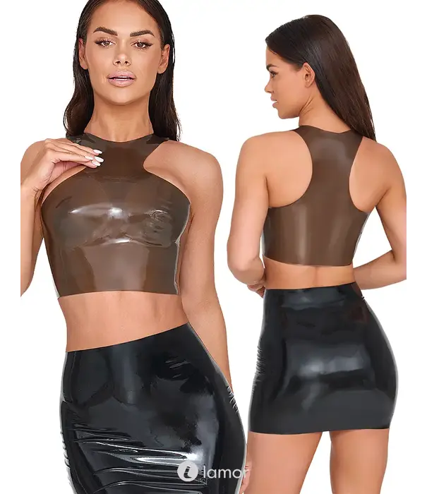 * LATE X LateX latex crop top smoke semi-transparant met hoge hals, racerback en off-shoulder model