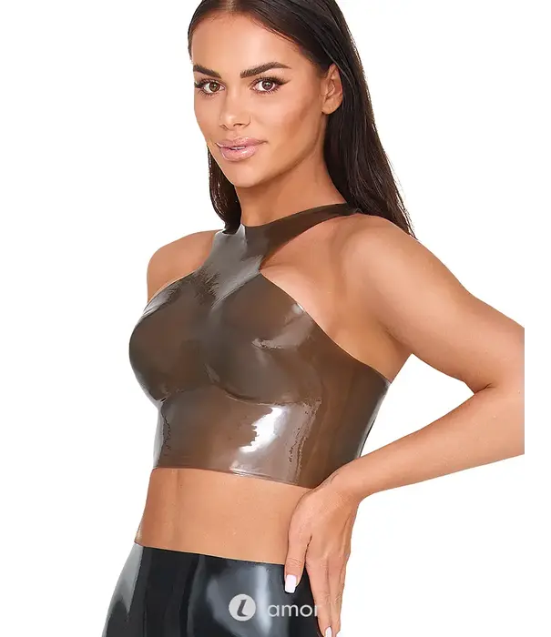 * LATE X LateX latex crop top smoke semi-transparant met hoge hals, racerback en off-shoulder model