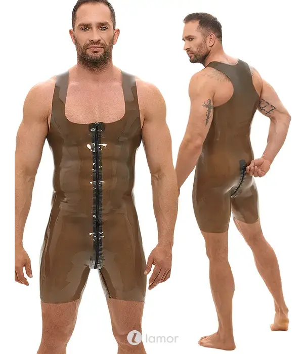 * LATE X LateX latex bodysuit smoke met korte pijpen en 2-weg ritssluiting LX2910470