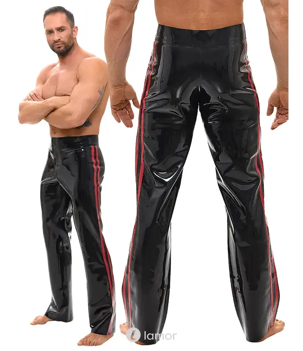 * LATE X LateX heren latex broek zwart/rood met zijstrepen en bootcut pasvorm