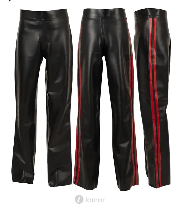 * LATE X LateX heren latex broek zwart/rood met zijstrepen en bootcut pasvorm