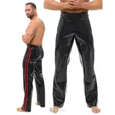 LateX heren latex broek zwart/rood met zijstrepen en bootcut pasvorm