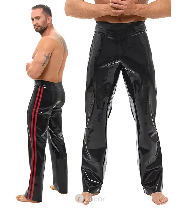 * LATE X LateX heren latex broek zwart/rood met zijstrepen en bootcut pasvorm