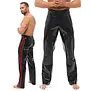 LateX heren latex broek zwart/rood met zijstrepen en bootcut pasvorm