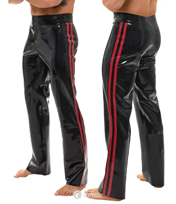 * LATE X LateX heren latex broek zwart/rood met zijstrepen en bootcut pasvorm