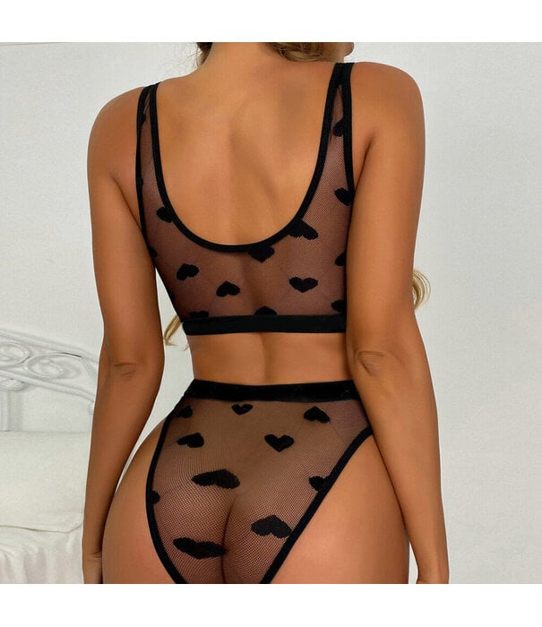 De Namour Lingerie by Shots Transparante Kant Hart Twee Delige Set - L/XL - Zwart