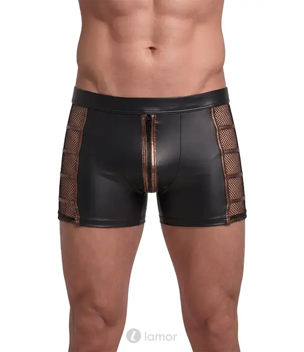* NEK NEK heren wetlook broek zwart met mesh, bronskleurige strepen en ritssluiting NK2133610