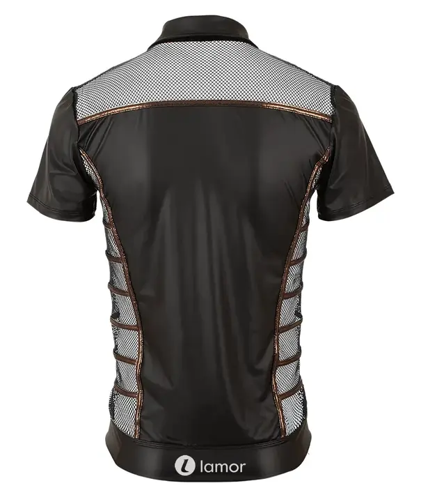 * NEK NEK heren wetlook shirt zwart met mesh, bronskleurige details en ritssluiting NK2162067