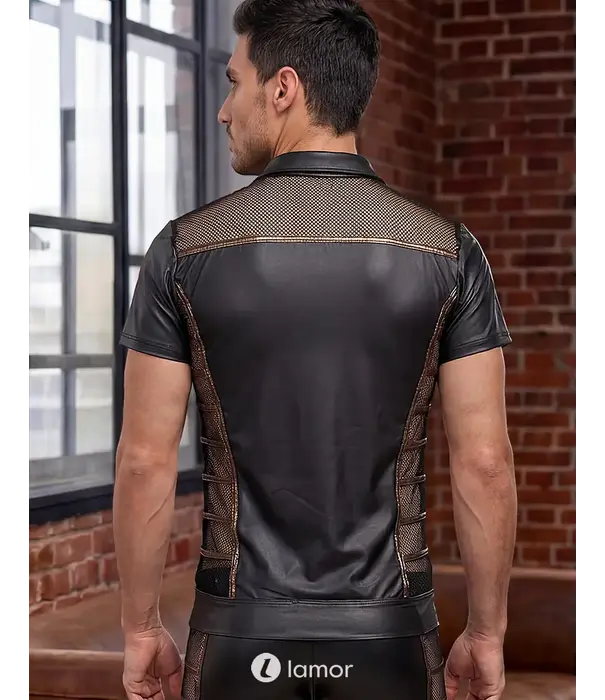 * NEK NEK heren wetlook shirt zwart met mesh, bronskleurige details en ritssluiting NK2162067