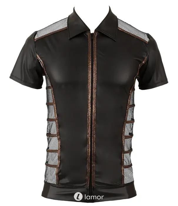 * NEK NEK heren wetlook shirt zwart met mesh, bronskleurige details en ritssluiting NK2162067