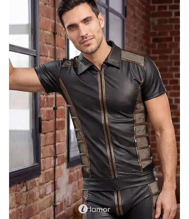 * NEK NEK heren wetlook shirt zwart met mesh, bronskleurige details en ritssluiting NK2162067