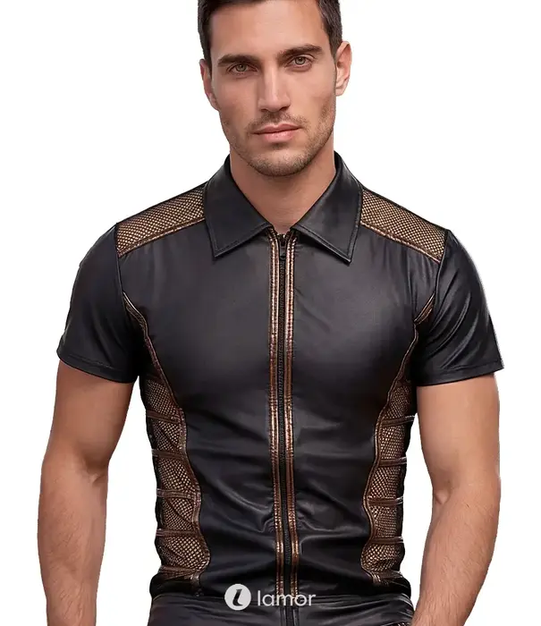 * NEK NEK heren wetlook shirt zwart met mesh, bronskleurige details en ritssluiting NK2162067