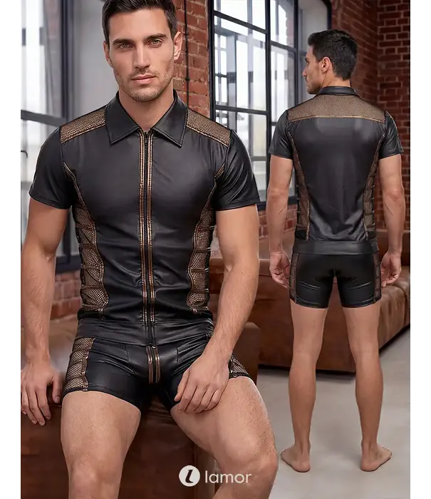 * NEK NEK heren wetlook shirt zwart met mesh, bronskleurige details en ritssluiting NK2162067