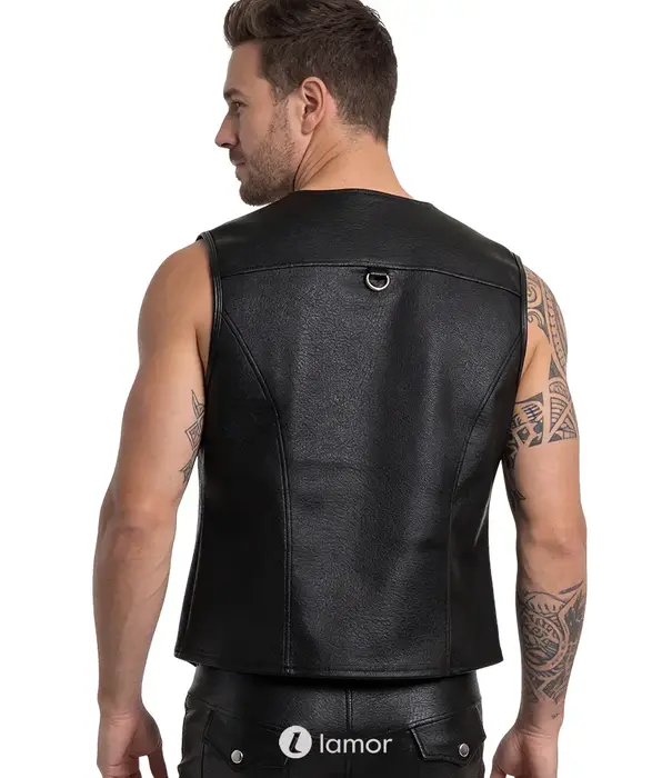 * SVENJOYMENT Svenjoyment heren biker gilet zwart imitatieleer met afneembare ketting en zilverkleurige details SJ2162113