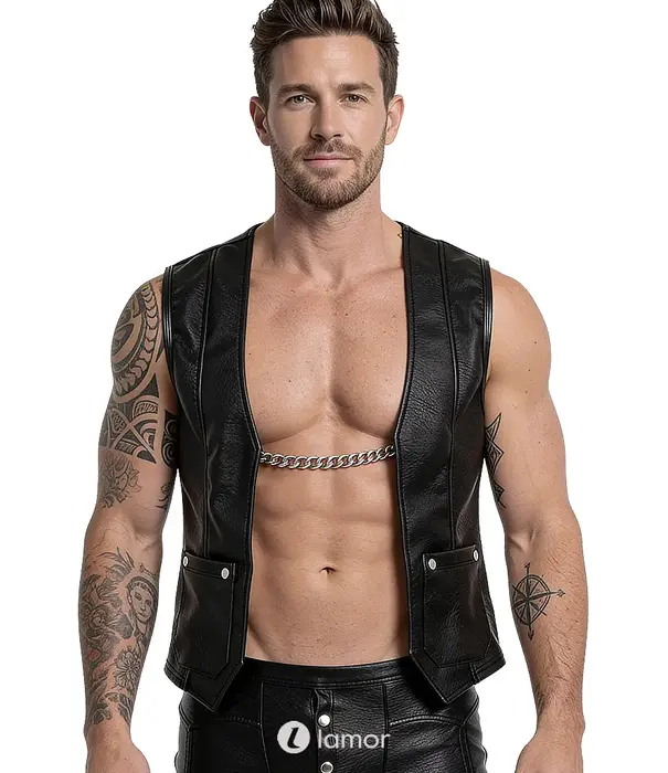 * SVENJOYMENT Svenjoyment heren biker gilet zwart imitatieleer met afneembare ketting en zilverkleurige details SJ2162113
