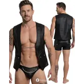 Svenjoyment heren biker gilet zwart imitatieleer met afneembare ketting en zilverkleurige details SJ2162113