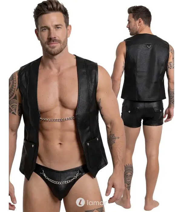 * SVENJOYMENT Svenjoyment heren biker gilet zwart imitatieleer met afneembare ketting en zilverkleurige details SJ2162113