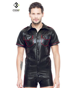 Zwart leren heren shirt met rode biezen