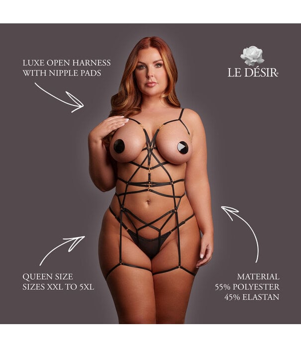 Le Désir by Shots Luxe Open Harness with Nipple Pads - Queen Size - Black
