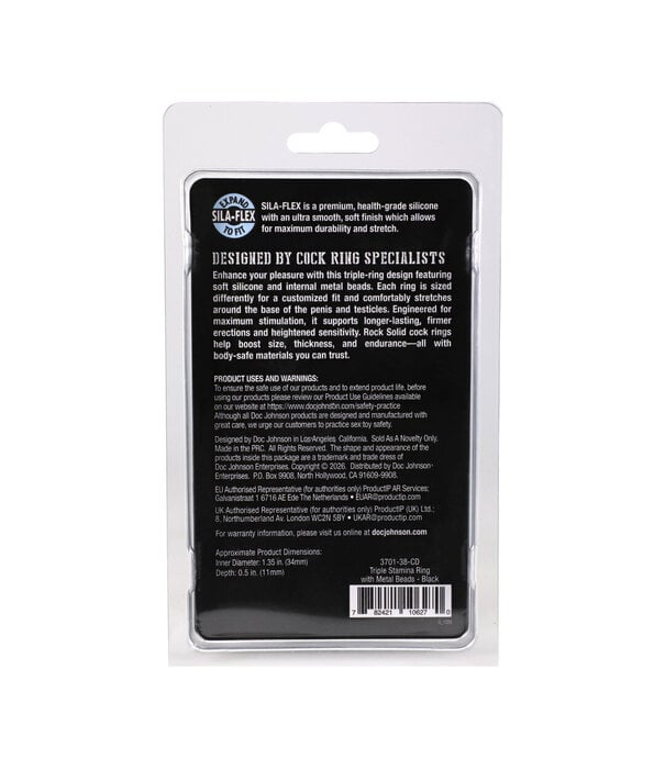 Doc Johnson Silicone Triple Stamina Cockring with Metal Beads - Black
