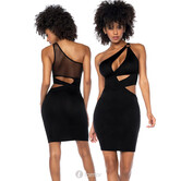 Asymmetrische zwarte mini jurk MAL40004 met cut-outs, transparant mesh en metalen ring