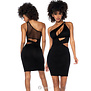 Asymmetrische zwarte mini jurk MAL40004 met cut-outs, transparant mesh en metalen ring