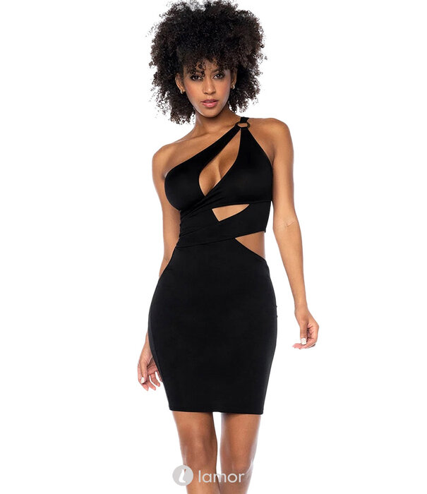 Mapalé Asymmetrische zwarte mini jurk MAL40004 met cut-outs, transparant mesh en metalen ring