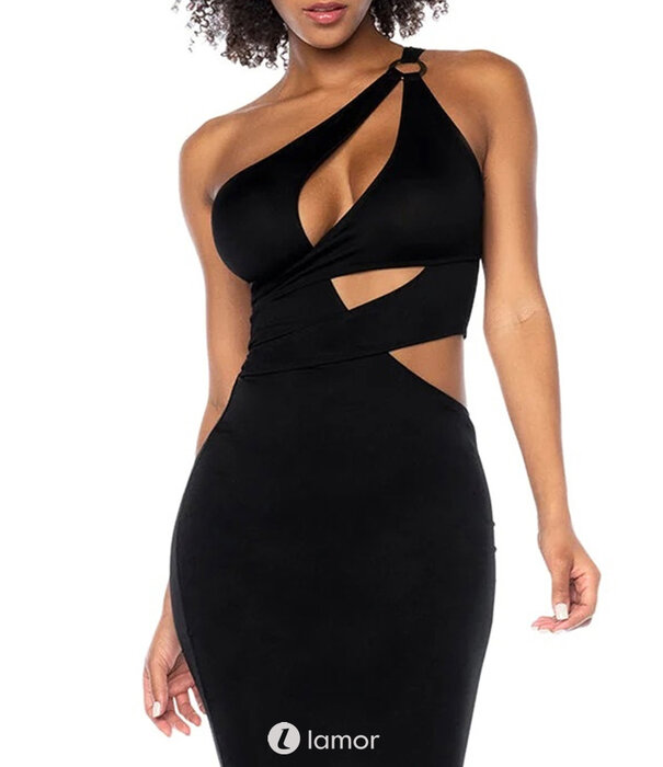 Mapalé Asymmetrische zwarte mini jurk MAL40004 met cut-outs, transparant mesh en metalen ring