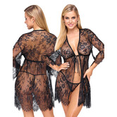 Cottelli LINGERIE korte kanten kimono zwart met 3/4 mouwen en string CC27607111951