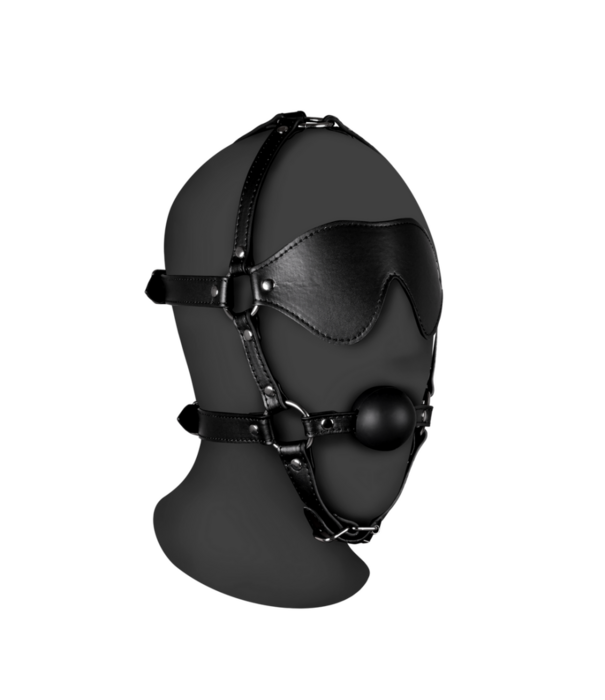 Ouch! by Shots Blindfolded Head Harness met Solid Ball Gag - Zwart