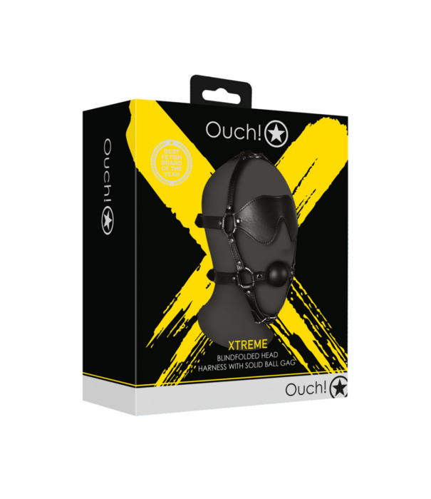 Ouch! by Shots Blindfolded Head Harness met Solid Ball Gag - Zwart