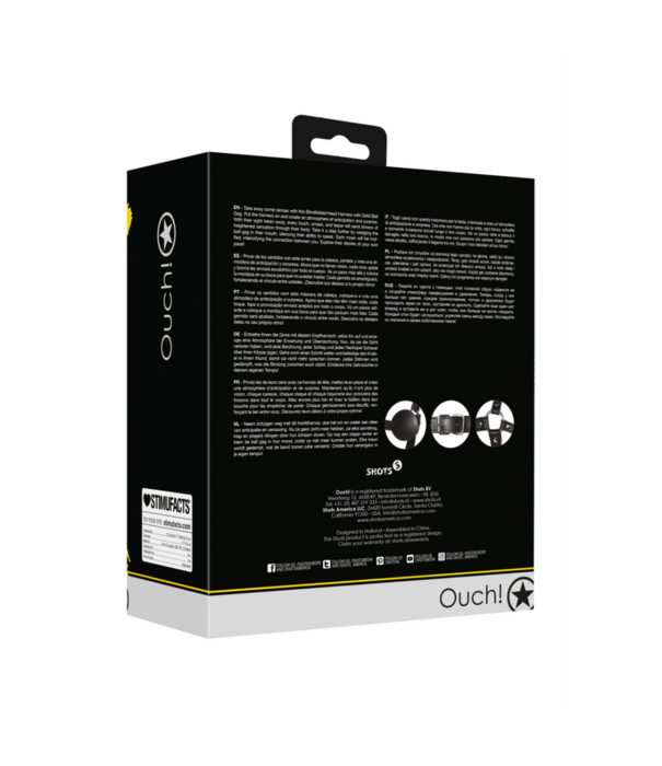 Ouch! by Shots Blindfolded Head Harness met Solid Ball Gag - Zwart