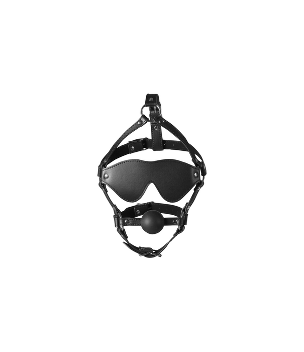 Ouch! by Shots Blindfolded Head Harness met Solid Ball Gag - Zwart
