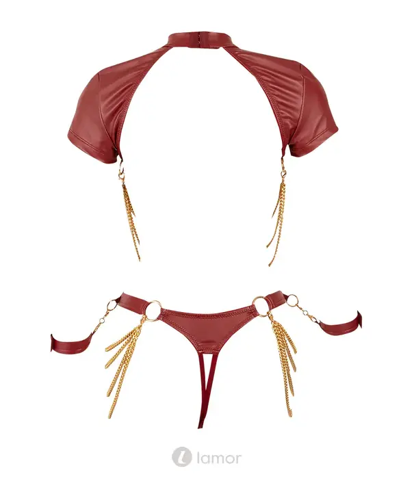 * COTTELLI  Cottelli BONDAGE open cup set rood met kruisloze riostring, goudkleurige kettingen en handboeien CC2251566