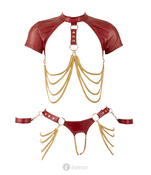 * COTTELLI  Cottelli BONDAGE open cup set rood met kruisloze riostring, goudkleurige kettingen en handboeien CC2251566