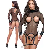 Cottelli BONDAGE open cup jarretel set zwart net met kruisloze string, dijbanden en afneembare kettingen CC2633310