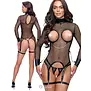 Cottelli BONDAGE open cup jarretel set zwart net met kruisloze string, dijbanden en afneembare kettingen CC2633310