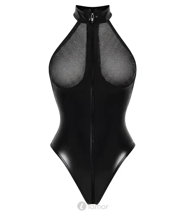 * NOIR handmade Noir Handmade DARK ROMANCE powerwetlook stringbody zwart met transparante glittercups en 3-wegrits NH-2645254