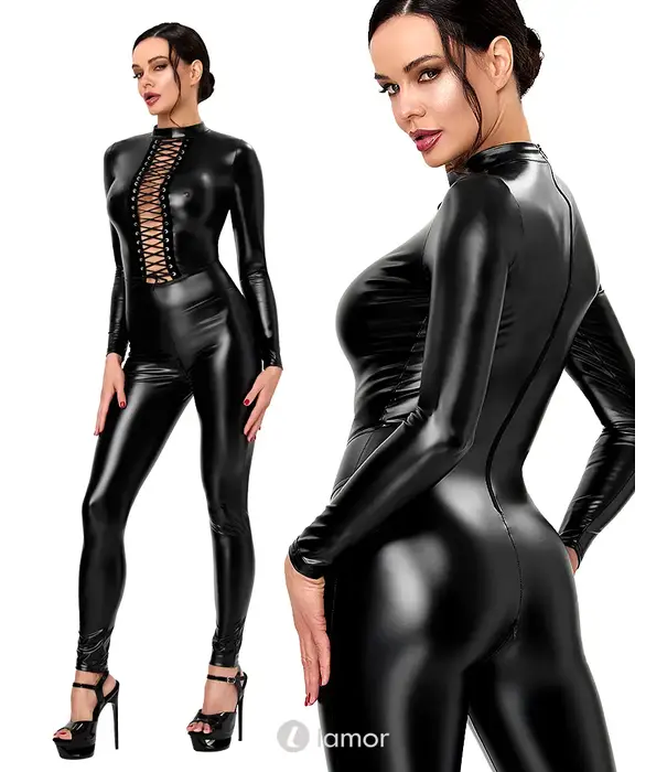 * NOIR handmade Noir Handmade powerwetlook jumpsuit zwart met diepe vetersluiting en 3-wegritssluiting NH-27309101021
