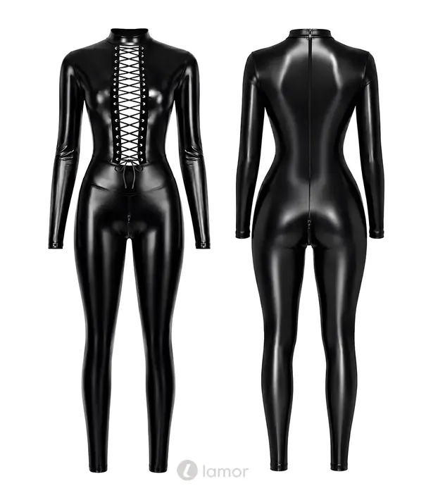 * NOIR handmade Noir Handmade powerwetlook jumpsuit zwart met diepe vetersluiting en 3-wegritssluiting NH-27309101021