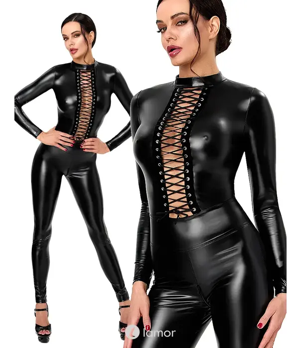 * NOIR handmade Noir Handmade powerwetlook jumpsuit zwart met diepe vetersluiting en 3-wegritssluiting NH-27309101021