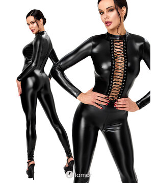 Wetlook jumpsuit zwart met vetersluiting, NH-2730910