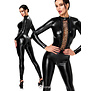 Noir Handmade powerwetlook jumpsuit zwart met diepe vetersluiting en 3-wegritssluiting NH-27309101021
