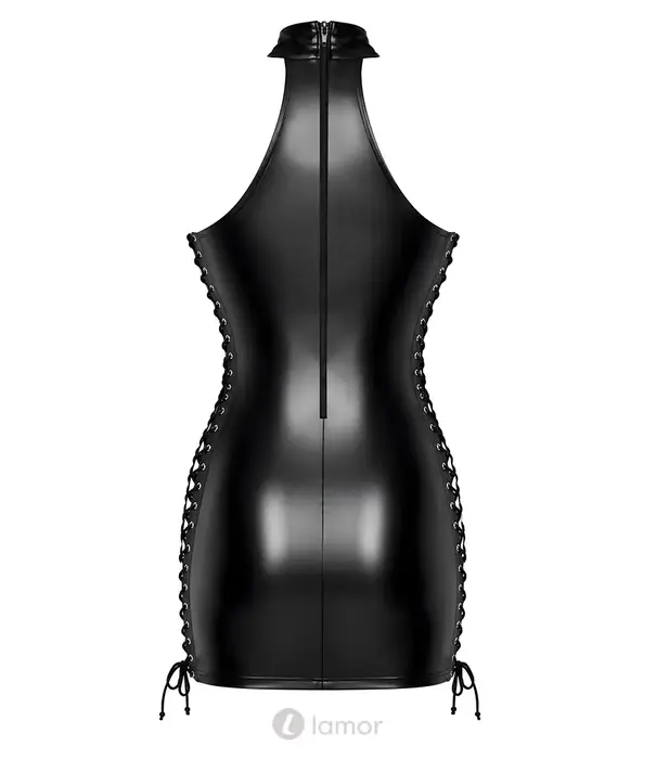 * NOIR handmade Noir Handmade DARK ROMANCE powerwetlook mini jurk zwart met diepe vetersluiting en lange mouwen NH-2719622 - Copy