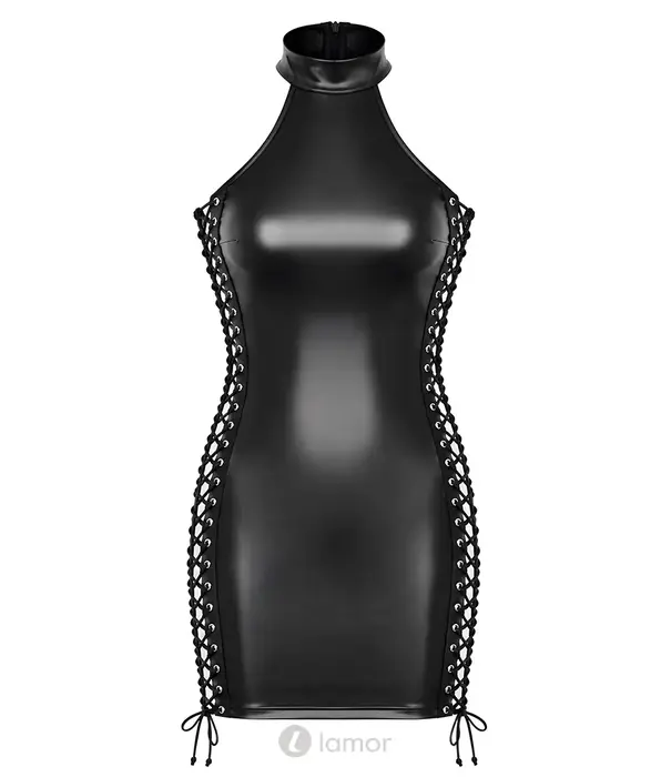 * NOIR handmade Noir Handmade DARK ROMANCE powerwetlook mini jurk zwart met diepe vetersluiting en lange mouwen NH-2719622 - Copy
