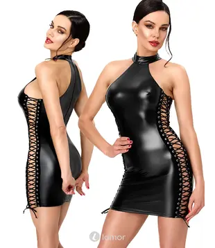 Wetlook mini jurk zwart met zijveters, NH-2719630