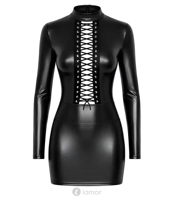 * NOIR handmade Noir Handmade DARK ROMANCE powerwetlook mini jurk zwart met diepe vetersluiting en lange mouwen NH-2719622
