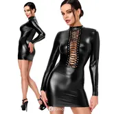 Noir Handmade DARK ROMANCE powerwetlook mini jurk zwart met diepe vetersluiting en lange mouwen NH-2719622