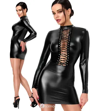 Wetlook mini jurk zwart met vetersluiting, NH-2719622